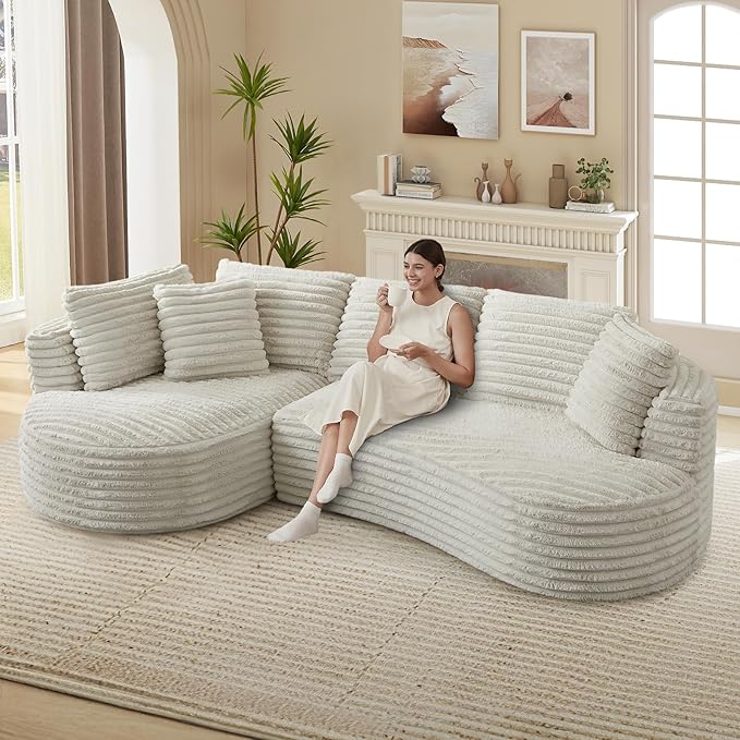 120W Oversized Modern Curved Cloud CouchCorduroy Modular Sectional Sofa with Chaise L Shaped Boneless Couch Compression Foam Sofa for Living Room Bedroom No Assembly Required(Left Facing Cream)
