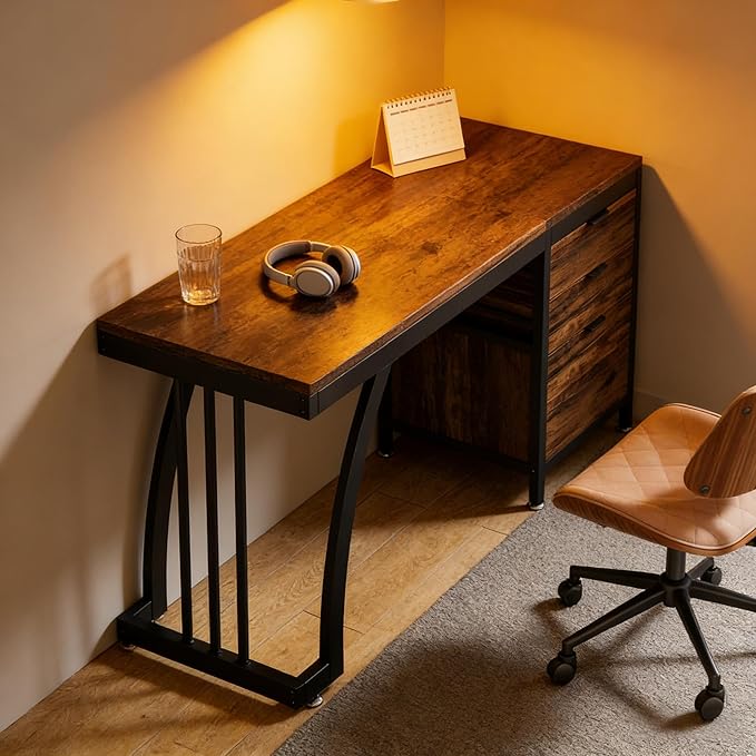 Computer Desk with 5 Drawers 47 Inch Reversible Executive Office Desk with File Storage Drawers Industrial Study Writing Table Corner Desk for Home Office (Black+Brown)