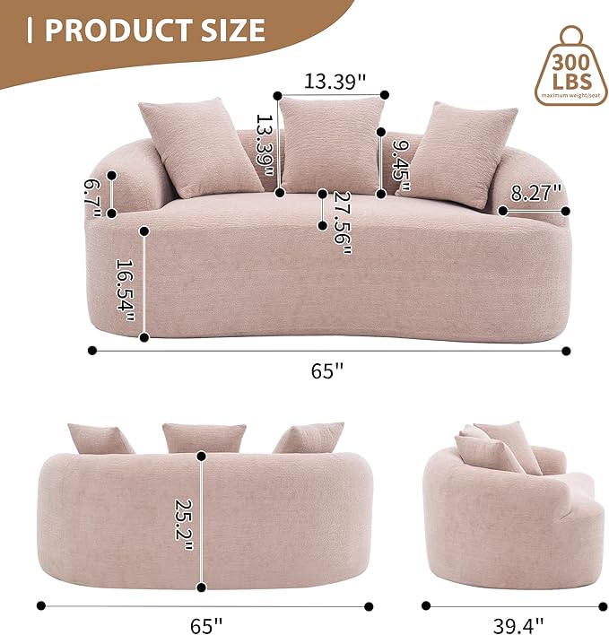 Curved Loveseat Sofa Couch for Living Room 65’’ Modern Comfy Cloud Floor Couch Round Sofa Full Sponge Compression Sofas with Deep Seat for Small Spaces Apartment No Assembly NeededOrange