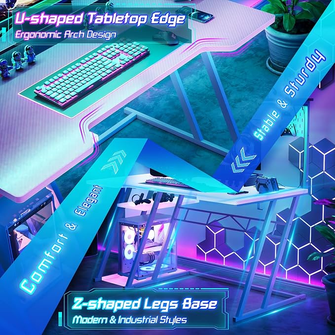 Armocity Pink Gaming Desk with Hutch and LED Lights 53 Computer Desk with Storage Shelves Reversible PC Gaming Desk with Pegboard Gamer Desks for Bedroom Carbon Fiber Surface