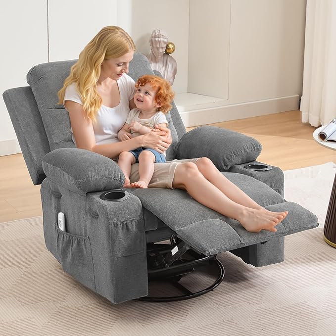 Recliner Chair Nursery Manual Rocking Recliner with 360 Swivel Cup Holder Massage and Heating Compact Single Sofa Chair for Adults Living Room Bedroom