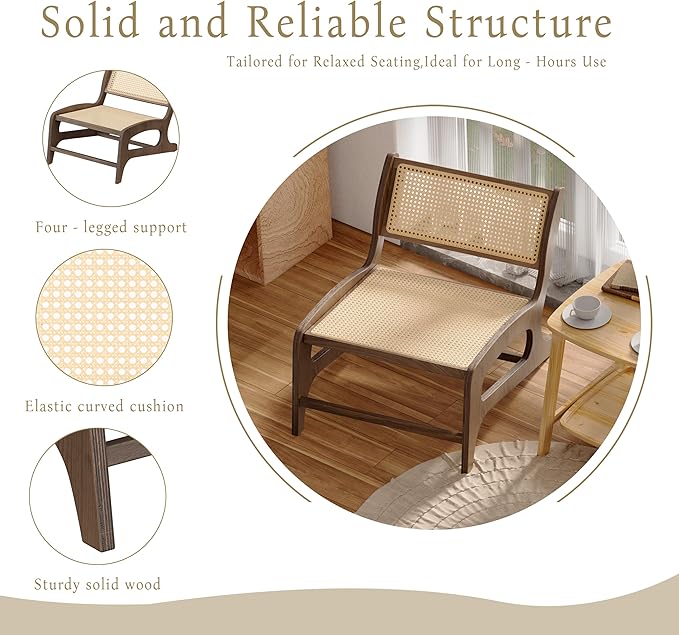 Chogori Mid Century Modern Wooden Lounge Chair Armless Rattan Accent Chair Lightweight Boho Style Seating Comfortable Single Chair for Living Room Bedroom or Patio (Walnut Set of 2)