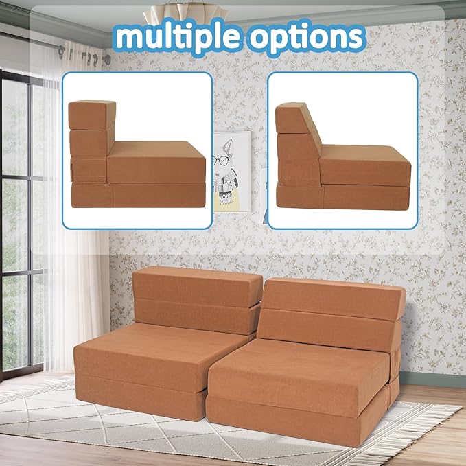 Folding Sofa Bed 4 in 1 Convertible Sleeper Chair with Washable Cover Memory Foam Fold Out Chair Bed Foldable Mattress with Back Support for Living Room Dorm Guest Room Home Office Coffee Brown