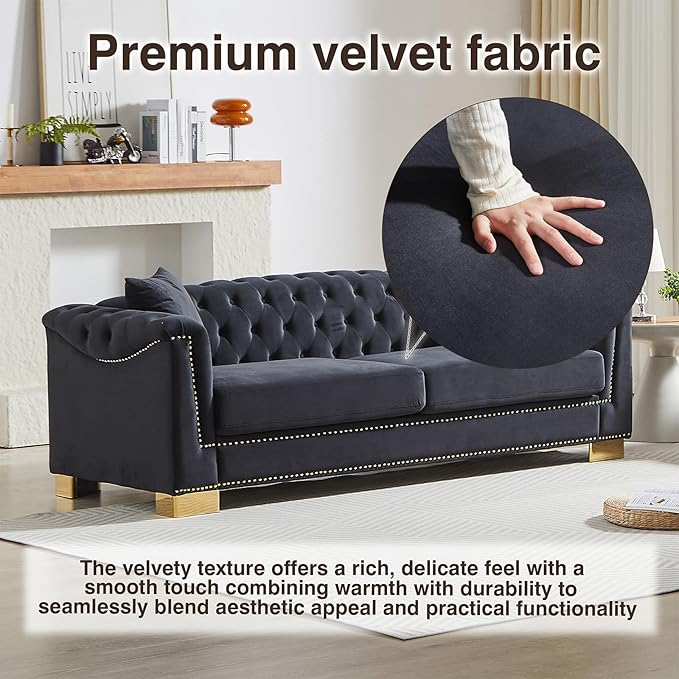 84 inch Chesterfield 3 Seater Sofa Oversized Mid Century Modern Sofa Couch with Gold Rivet Decoration Cloud Comfy Velvet Upholstered Button-Tufted Couch for Living Room Office Black