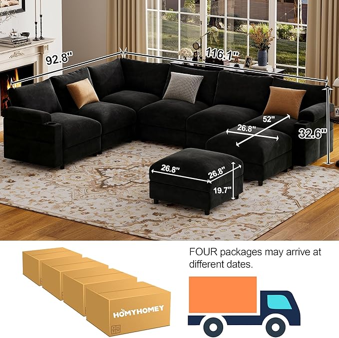 Sectional Couches for Living Room FSC Certified Velvet Modular Couch Oversized Cloud U Shaped Convertible Sleeper Sofa Chaise Detachable Armrest Cushio (Chenille Black U Shape 8 Seat)