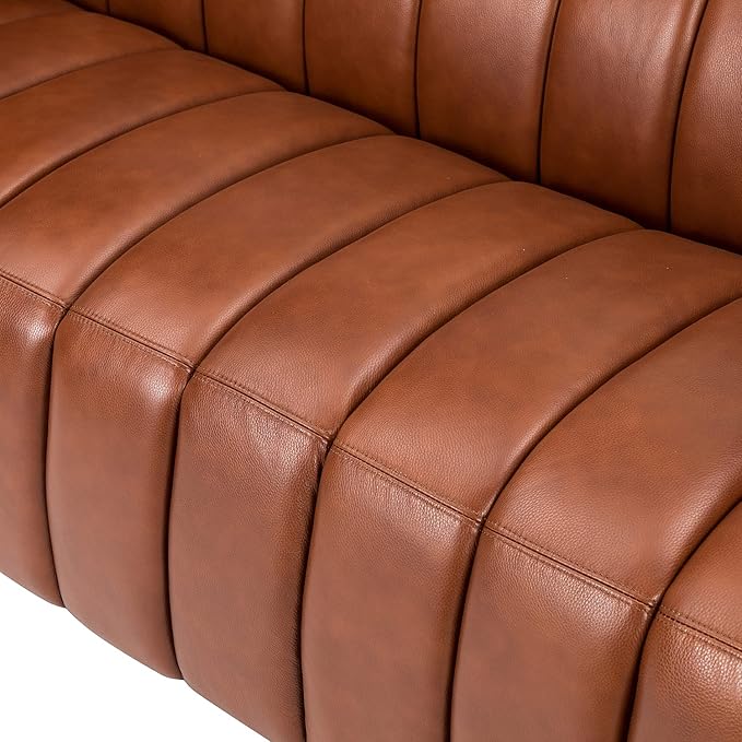HULALA HOME 83 Genuine Leather Sofa with Channel Tufted Design 3-Seater Sofa for Living Room Bedroom Modern Oversized Couch with Wood Legs Brown