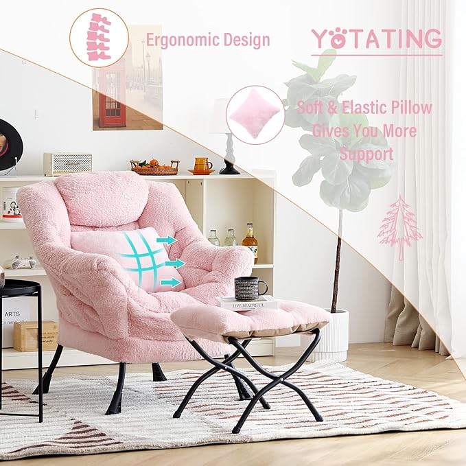 Lazy Chair with Ottoman Comfy Reading Lounge Chair with Footstool &amp Throw Pillow Modern with Armrests &amp Side Pocket for Living Room Bedroom Dorm Room Plush Pink