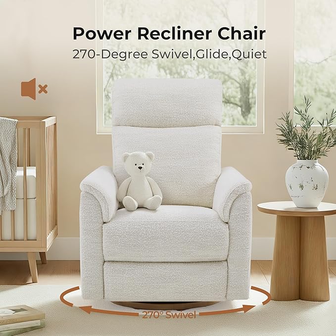CHITA Power Swivel Glider for Adults with Nightlight Nursery Recliner Chair with Power Headrest for Living Room Bedroom Water-Resistant Boucle Fabric Boucle Fabric in Pearl