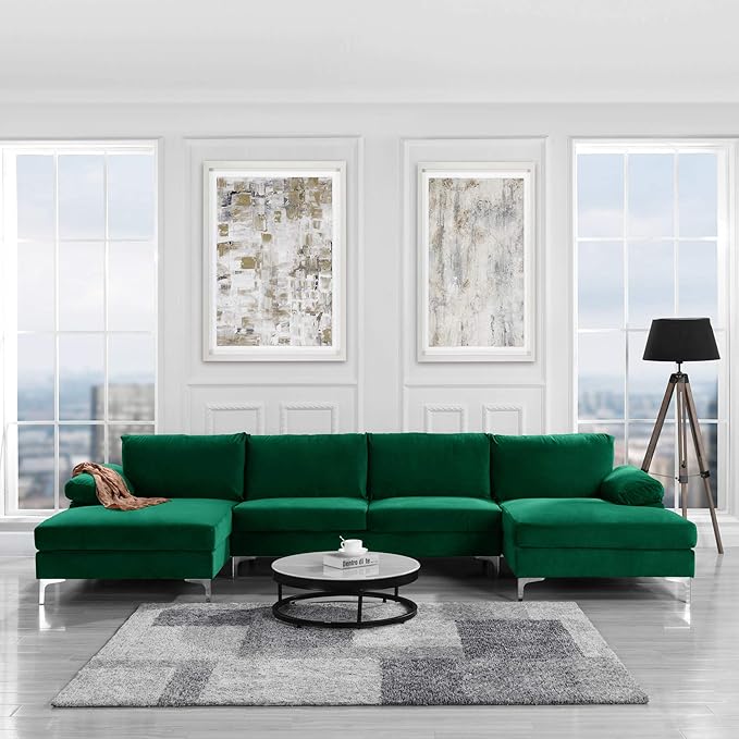 Casa Andrea Milano Modern Large Velvet Fabric U-Shape Sectional Sofa Double Extra Wide Chaise Lounge Couch