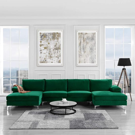 Casa Andrea Milano Modern Large Velvet Fabric U-Shape Sectional Sofa Double Extra Wide Chaise Lounge Couch