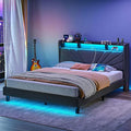 Rolanstar Queen Size Bed Frame Storage Headboard with Charging Station and LED Lights Upholstered Bed with Heavy Duty Wood Slats No Box Spring Needed Noise Free Easy Assembly Dark Grey