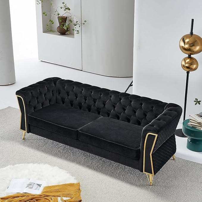 KEVINSPACE 87.4 Velvet Modern Chesterfield Tufted 3 Seater Button Sofa Mid Century with Unique Arms for Living Room Bedroom Small Space - Black