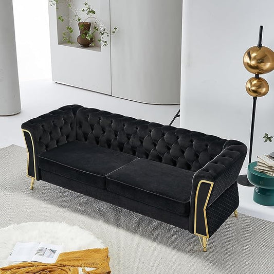 KEVINSPACE 87.4 Velvet Modern Chesterfield Tufted 3 Seater Button Sofa Mid Century with Unique Arms for Living Room Bedroom Small Space - Black
