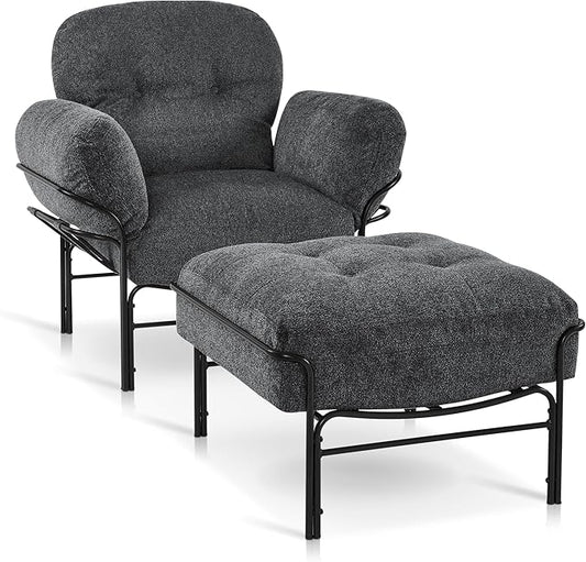 MCombo Modern Accent Chair with Ottoman Chenille Upholstered Leisure Sofa Chair for Small Space Living Room &amp Bedroom 4071 (Grey)