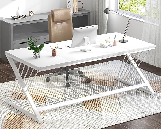 FOLUBAN 70.9 Modern Computer Desk with Z-Shaped Legs Industrial Executive Home Office Desk for 2 Person Large Writing Study Table for Bedroom Gaming Workstation White