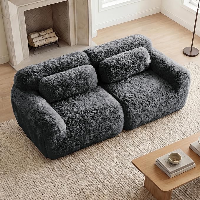 80.4-Inch Boneless Love Seat Couches in a Box Modern 2 Seat Floor Modular Foam Cloud Sofa Faux Fur Loveseat Couch W/Angle Armrests for Home Apartments Bedroom