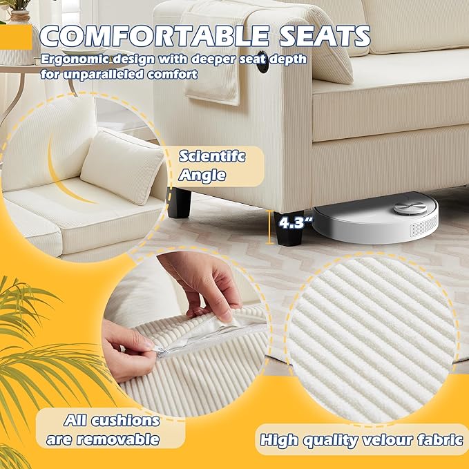 Grepatio Sectional Sofa Couch 80 L Shaped Convertible Sofa with 2 Pockets &amp USB Ports 3-Seater Comfy Cloud Modular Couches with Movable Storage Ottom for Living Room Apartment Small Space (Be