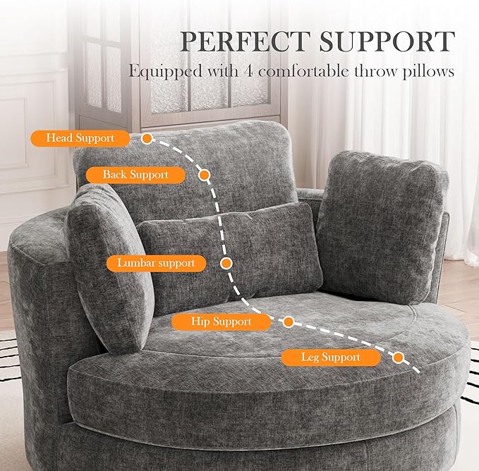 Aoiy &amp Wifon 50'' W Oversized Swivel Barrel Chair Gray Swivel Accent Chair for Living Room Round Oversized Arm Chair with 4 Pillows Deep Seat &amp Extra Wide Chenille
