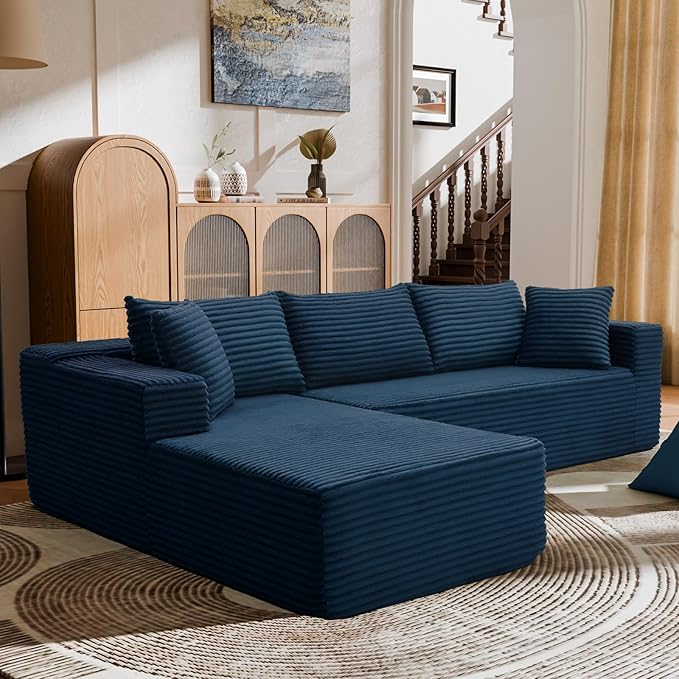 106 Modular Sectional Sofa Blue Corduroy Cloud Couch with Right Chaise Deep Seat Boneless Floor Sofa for Living Room High-Resilience Foam Support No Assembly Required Includes Pillows | Sectiona