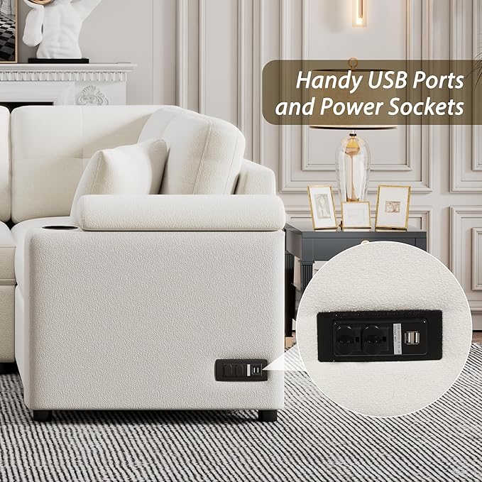 83 L-Shape Sofa Bed Pull-Out Sleeper Sofa with Wheels and Built-in Cup Holders Modern Button Tufted 3 Seater Sectional Corner Couch with Power Sockets for Living Room (Beige-s32)