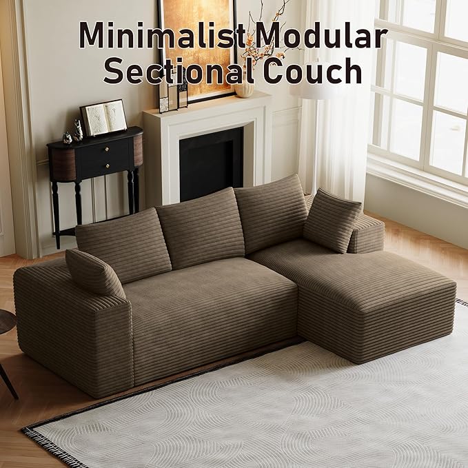 107 L-Shaped Boneless Sectional Couches for Living Room Comfy Corduroy Fluffy Cloud Couch Deep Seat Memory Foam Plush Modular Sectional Sofa with Right-Facing Chaise No Assembly Brown