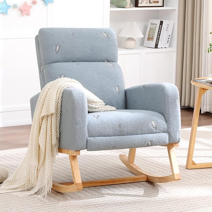 Rocking Chair Nursery with Foot Rest Nursing Rocking Chairs for Mom Breastfeeding Teddy Rocker Glider Chair with High Backrest for Living Room Bedroom Blue Printed