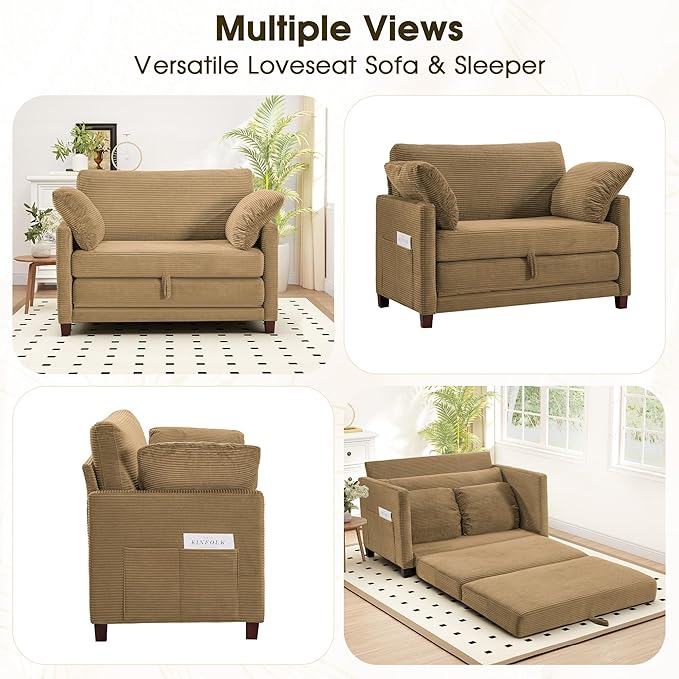 51 Convertible Loveseat Sofa Bed 2-in-1 Folding Sofa Bed with 2 Pillow for Small Spaces Modern Loveseat Sleeper Couch for Apartment Living Room &amp Guest Room (Brown Corduroy 51 inch)