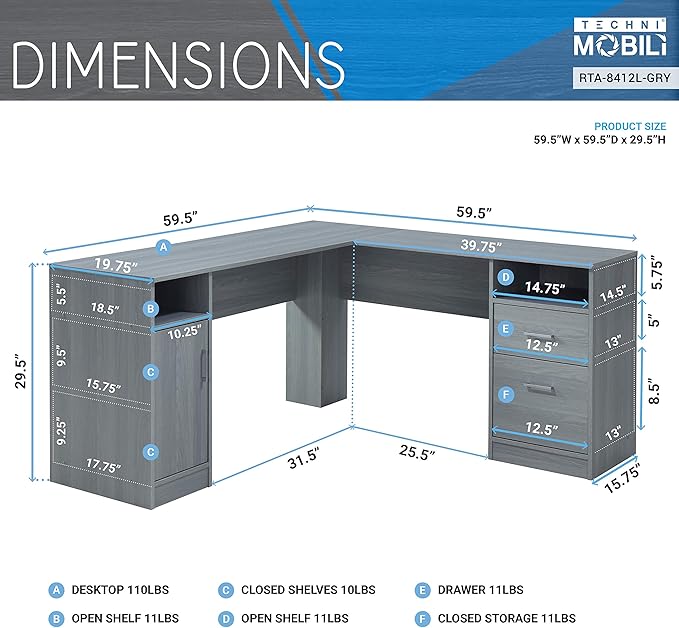 Techni Mobili Functional L-Shaped Computer Desk with storage L is ⁠59.5 wide x 59.5 Long Grey