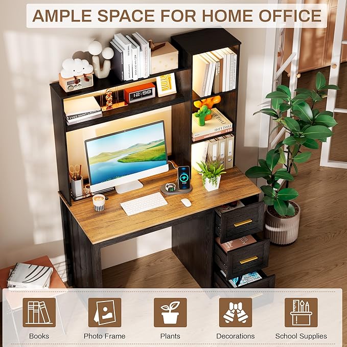 LVSOMT 40” Home Office Desk with Hutch and Drawers Computer Desk with Power Outlets and LED Light Study Writing Gaming Table with Storage Shelves Workstation for Bedroom Black