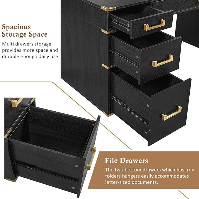 70 Extra-Large Executive Desk with 7 Drawers USB Ports &amp OutletGold Metal Hardware &amp Reinforced CornersModern Home Office Computer DeskBlack