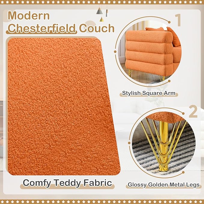 Antetek L-Shaped Sectional Couches Modern Teddy Fabric Upholstered Chaise Lounge Sofa Couch with Square Arm and 4 Golden Metal Legs for Living Room Office Orange