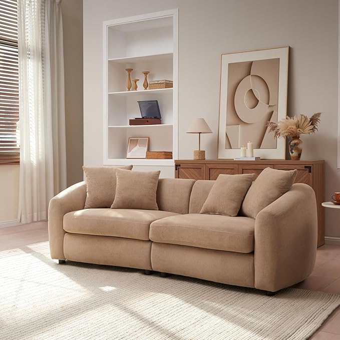 Christopher Knight Home Taliyah 87 Cozy Velvet Upholstered Lounge Sofa 3-Seater Curved Home Sofa Living Room with 4 Pillows Sturdy Wooden Frame Lounge Chair Indoor Couch with Thick Cushion Camel
