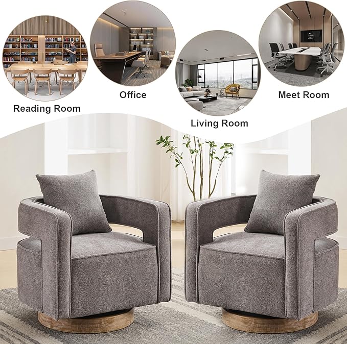 Swivel Accent Chairs Set of 2 Upholstered 360° Round Barrel Arm Chair with Open Back &amp Wood Base Comfy Linen Blend Square Single Club Chair for Living Room Bedroom Office Hotel Reception (Charco