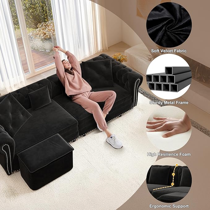Oversized Sleeper Sofa Couch 89 Convertible Sleeper Sofa Bed for Living Room Bedroom Classic 3-in-1 Pullout Couch Bed with Movable Ottoman (Black with Ottoman)