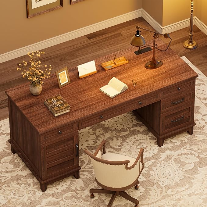 60 Executive Desk with Power Outlet Home Office Desk with Drawers Wooden Work Desk with File Cabinet Computer Desk for Work Study Writing Brown