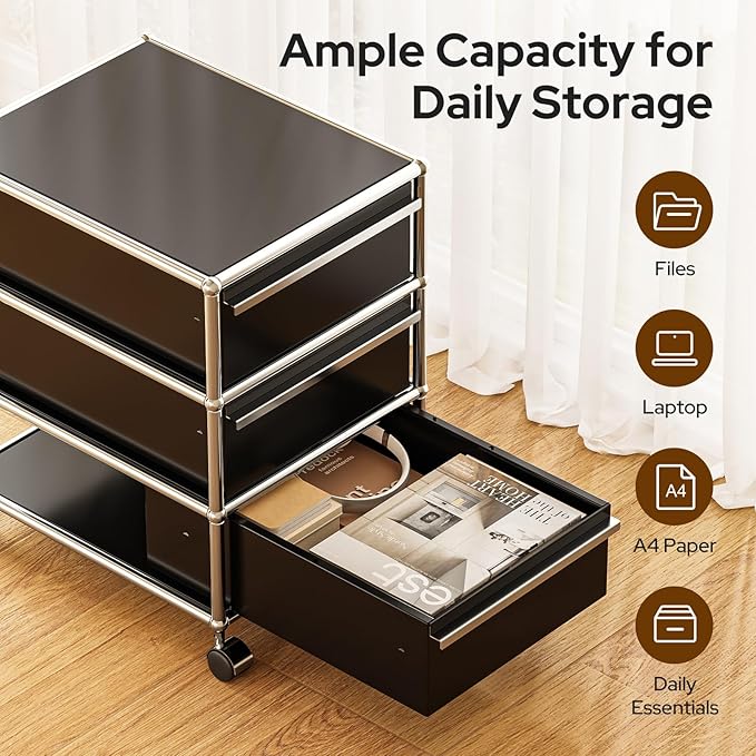 Steel Mobile File Cabinet for Office &amp Home with 360° Silent Wheels Smooth Drawer Slides Large Capacity Waterproof and Rust-Proof Stylish &amp Durable Storage Cabinet (3 Drawer Black)