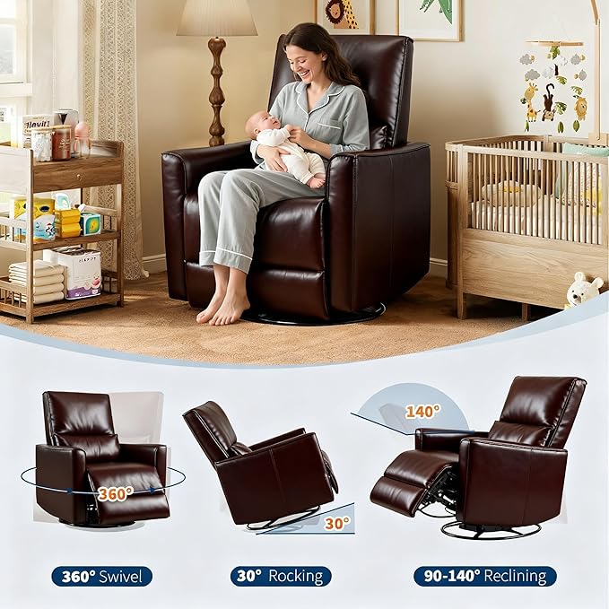GAOMON Swivel Rocking Recliner Chair Manual Leather Recliner Glider with Lumbar Support &amp Padded Armrest Comfortable Rocker Nursery Single Sofa for Living Room and Bedroom (Dark Brown)