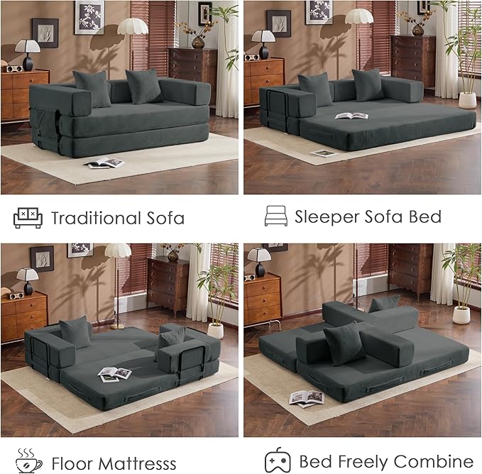 Convertible Sleep Sofa Bed with Armrests and Backrest Corduroy Folding Couch with 2 Pillow Modular Sectional for Living Room Bedroom Studio-No Assembly NeededGrey