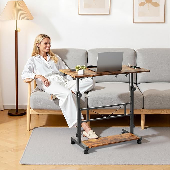 Portable Rolling Standing Desk 32 Inch Adjustable Height Mobile Stand Up Desks with Wheels Small Computer Desks Rolling Desk for Bedroom Walking Pad Teacher Podium Couch Sofa Side Table Rustic