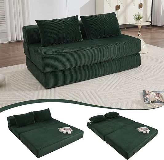 GNIXUU Fold Out Couch 3-in-1 Convertible Futon Sofa Bed with 2 Pillows Corduroy Foldable Floor Chair Boneless Loveseat Couches for Living Room Bedroom Small Spaces Green
