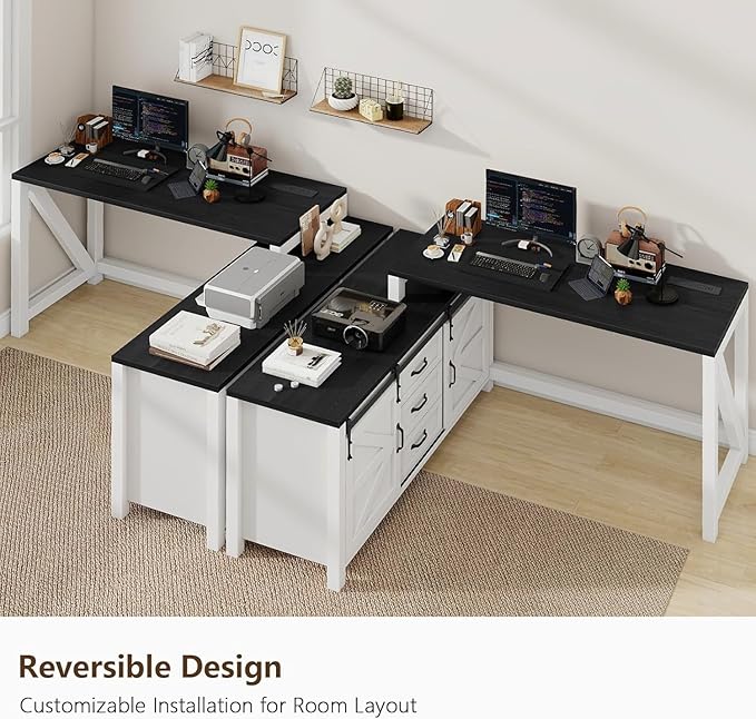 L Shaped Desk with Drawers Farmhouse Executive Wood Home Office Desk with Power Outlet Rustic Reversible Computer Desk with Storage Cabinet with Double Sliding Barn Door and Adjustable Shelves