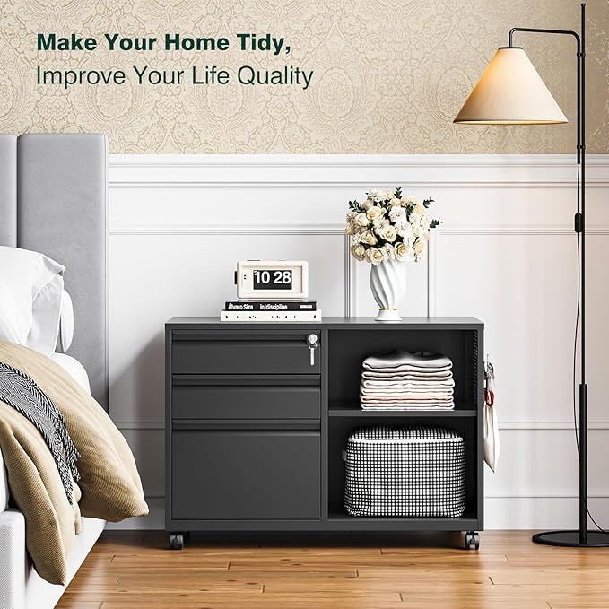 3 Drawer File Cabinet with LockMobile Lateral Filing Cabinet with Side Hook for Letters/Legal/A4 Metal Printer Stand Storage Cabinets with Shelves for Home Office(Black)