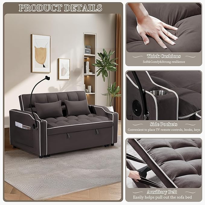 JEEOEHY 3 in 1 Convertible Sleeper Sofa BedVelvet Pull Out Couch Bed w USB&ampType C PortComfy Futon Loveseat with Adjustable Backrest&ampPhone Holder for Living Room Apartment Small Space(Brown)