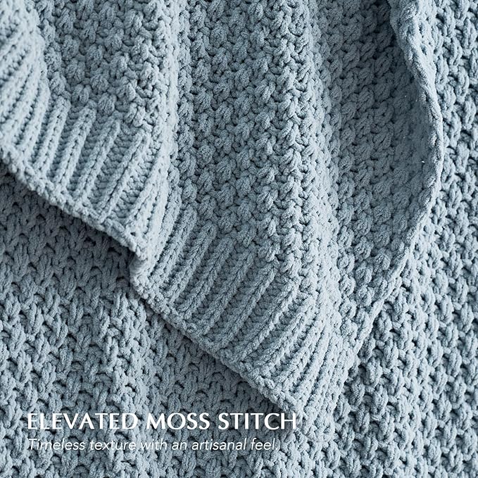 EVERGRACEHOME Chunky Chenille Knit Throw Blanket for Couch Soft Luxurious Moss Stitch Blankets for Bed Cozy Decorative Farmhouse Knitted Throws for Sofa Chambray Blue 60 x 80