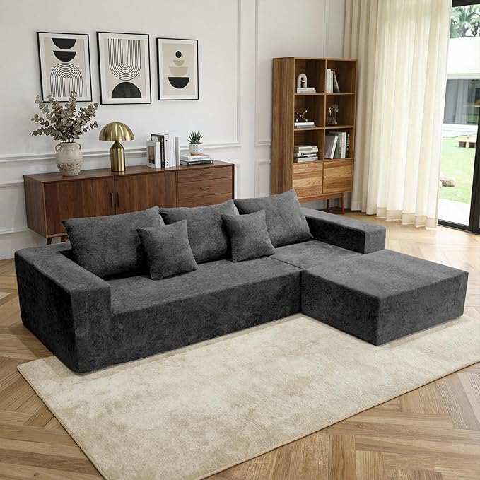 Sytopia 109 L-Shaped Cloud Couch Boneless Modular Sectional Sofa with Deep Seat for Living Room Bedroom Modern Floor Couch Chenille Comfy Sleeper Futon Sofa Bed 40D Foam Furniture Left Facing