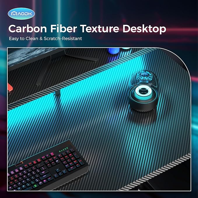 AODK Computer Desk 56 Inch Gaming Desk with Led Lights &amp Power Outlet Office Desk with Storage Shelves Reversible Desk with Monitor Shelf &amp Headphone Hook Carbon Fiber Black