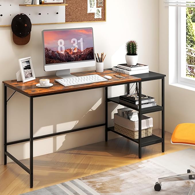 Computer Desk 55’’ Gaming Desk w/Storage Shelves Steel Frame &amp Adjustable Feet Wood Office Table Large Writing Desk for Bedroom Study Home Office (Rustic Brown 55''W)