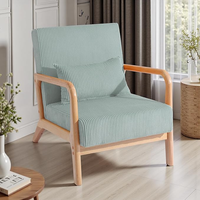 UIXE Modern Accent Chair Corduroy Upholstered Armchair for Living Room Comfy Arm Chair Single Sofa Bedroom Reading Seat with Lumbar Pillow &amp Wooden Armrests - Light Blue
