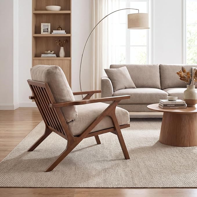 chairus Mid-Century Modern Accent Chairs Set of 2 Comfy Upholstered Lounge Armchairs with Removable Cushions &amp Solid Wood Frame Reading Chairs for Living Room Bedroom Office Beige Denim Fabric
