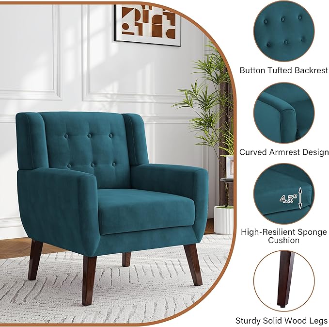 Lumibee Accent Chair Modern Velevet Armchair for Living Room Comfy Upholstered Arm Chair Tufted for Indoor Bedroom Office Room (Blue Velvet)